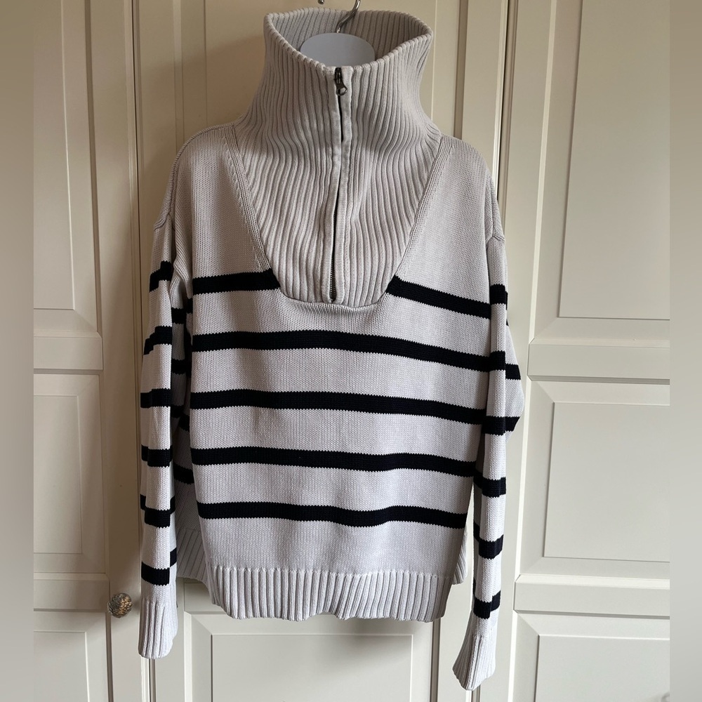 Zara Quarter Zip Striped oversize  Sweater Black and Whitish Taupe Size Medium - Picture 8 of 14
